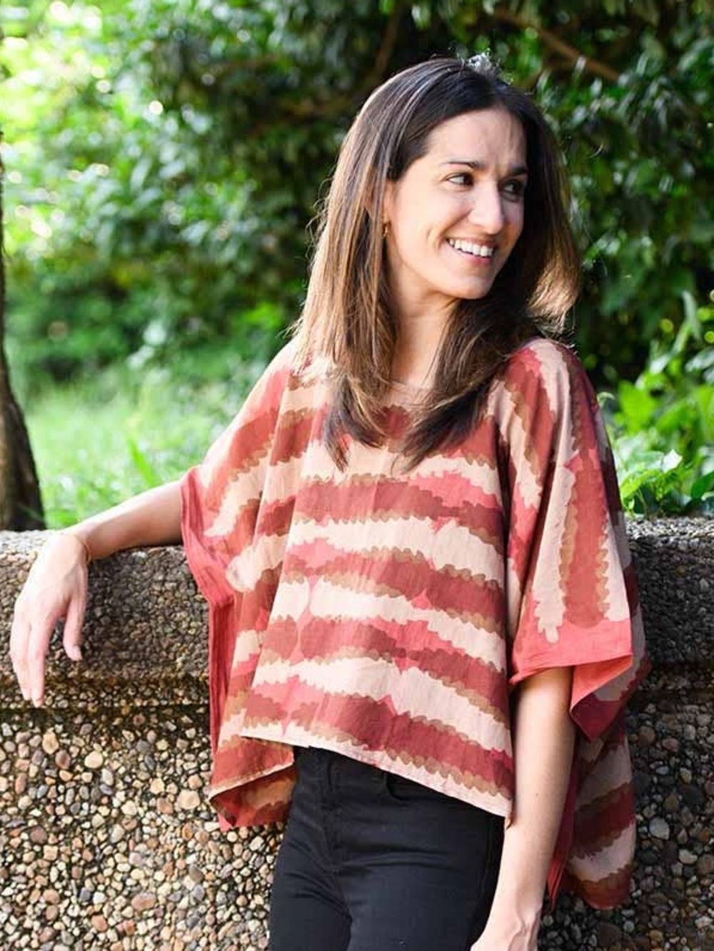Flowy Red & Brown Wave-Print Tunic Top